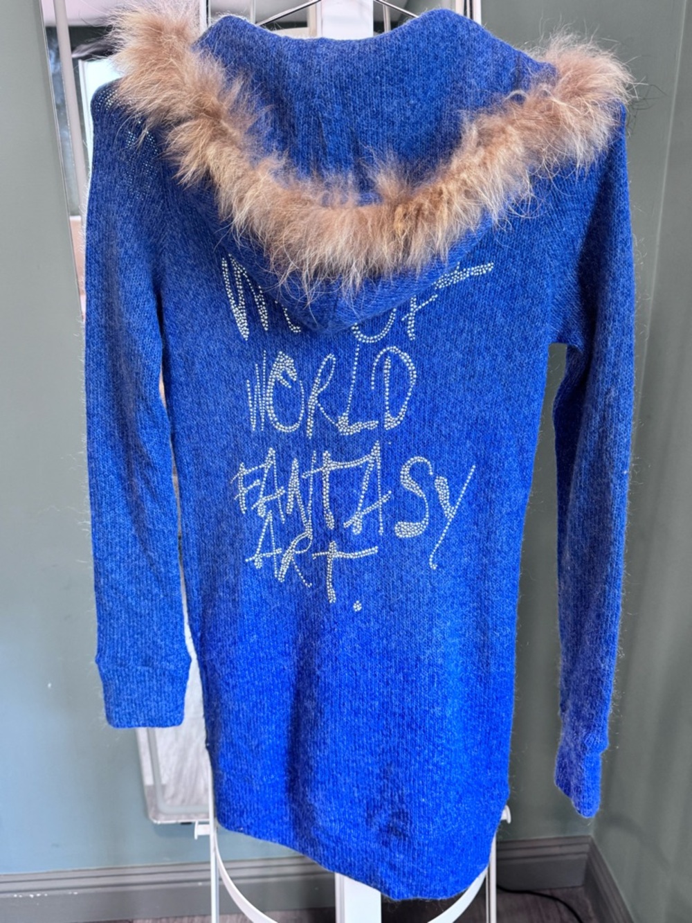 Vantage Sparkling Blue Hooded Zip Cardigan with Script Rhinestone Detail